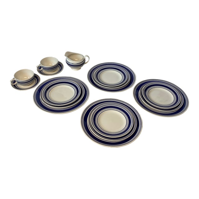 1990s Farmstead Ticking Blue by Ralph Lauren China Cobalt Blue Stripes - 17 Pieces For Sale