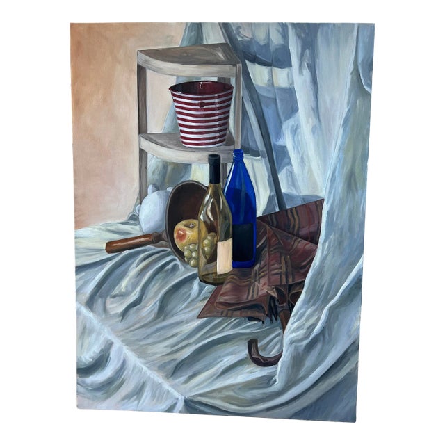 Mid Century Still Life Painting Oil on Canvas Large Antique Vintage Unsigned For Sale