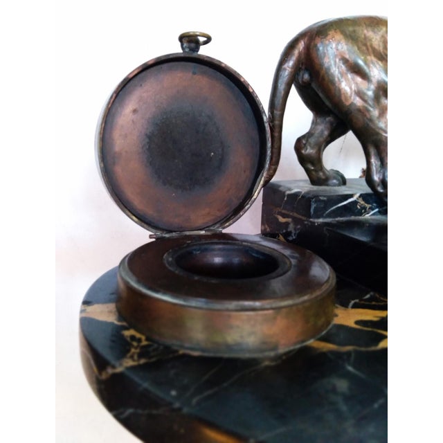 Austrian Art Deco Bronze Big Cat Double Inkwell Desk Set on Black Veined Marble For Sale - Image 4 of 7