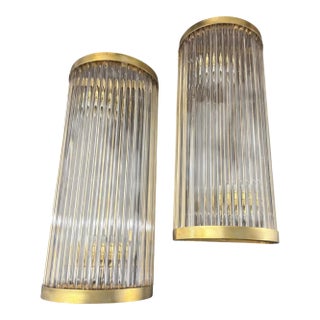 Two Elegant 2000s Mid-Century Modern Brass and Glass Italian Wall Sconces For Sale