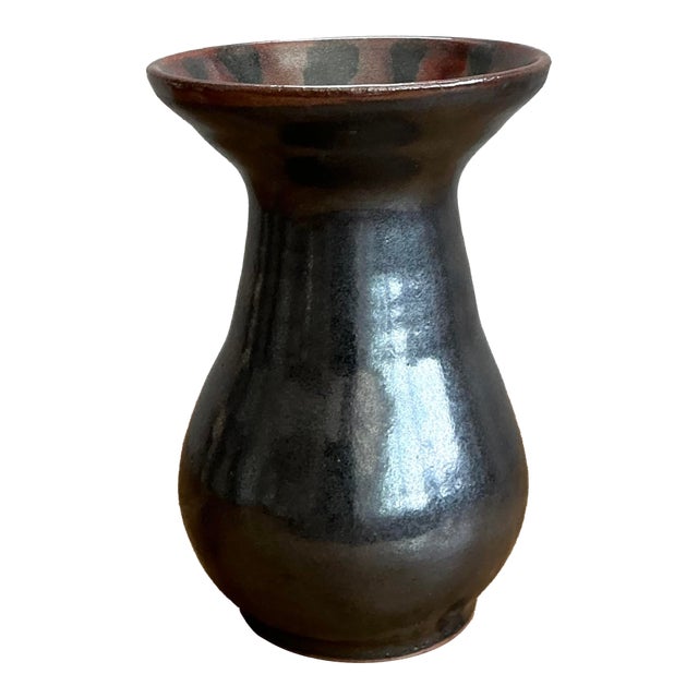 Vintage Original Studio Pottery Striped Rim Vase For Sale