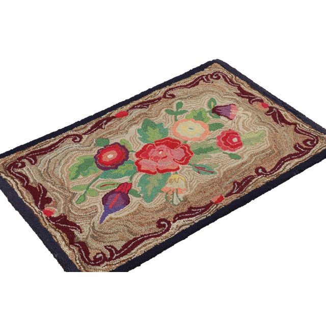 Rug & Kilim Antique Hooked Rug in Brown With Floral Medallion & Patterns From Rug & Kilim For Sale - Image 4 of 7