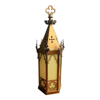 Large Brass Gothic Pendant Lantern With Amber Glass For Sale