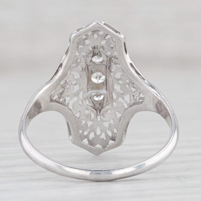 1930s Vintage 0.12ctw Diamond 3-Stone Filigree Ring 18k White Gold Size 9.5 For Sale - Image 5 of 7