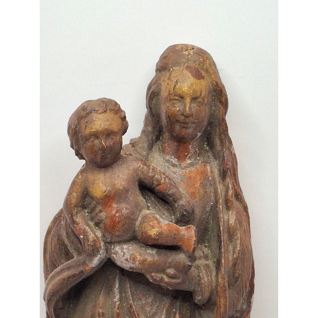 Antique 17th or 18th C. European Wooden Relief Sculpture of Madonna and Child For Sale In Boston - Image 6 of 16