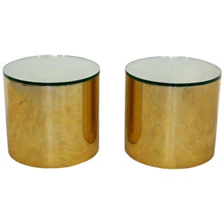 Mid Century Modern Pair Brass Round Drum Side Tables Paul Mayen Habitat 1970s For Sale