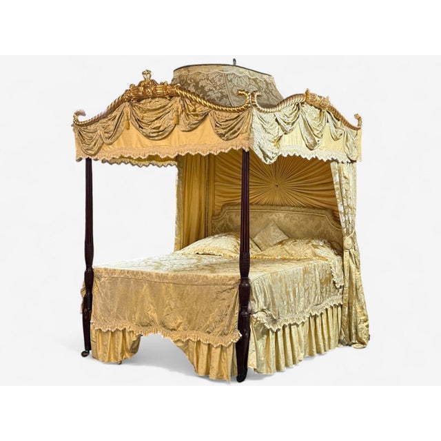 George Iii, Mahogany, Gilt-Wood, Silk, Canopy Bed, England C. 1880s For Sale - Image 4 of 18