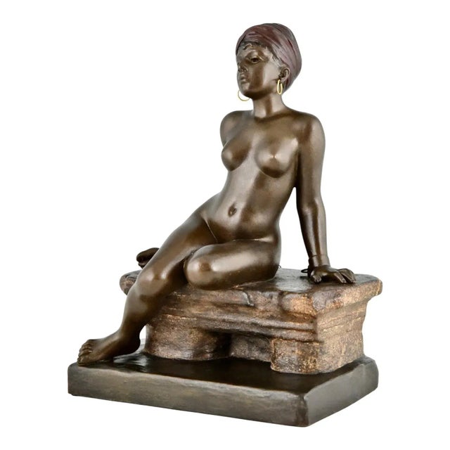Art Nouveau Metal Sculpture of Seated Girl by Emmanuel Villanis, 1900 For Sale - Image 3 of 11
