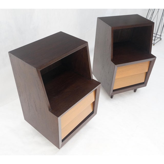 Wood Pair Louver Shape Two Drawer Step End Tables Night Stands Brown & Light Walnut For Sale - Image 7 of 8