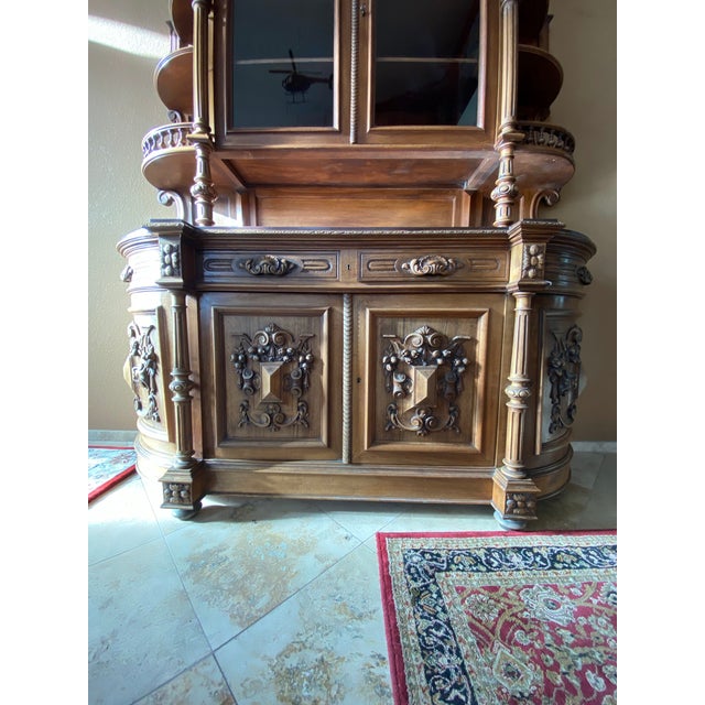 Antique French Renaissance Style Heavily Carved Walnut Buffet Hutch With Glass Doors (Jg) For Sale - Image 9 of 16