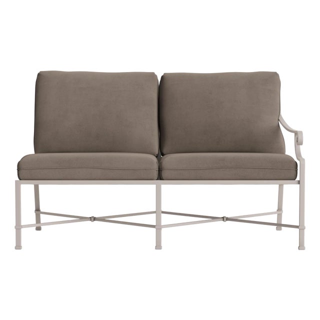 Brown Jordan Venetian Right Arm Loveseat, Dove frame with Fusion Taupe fabric For Sale