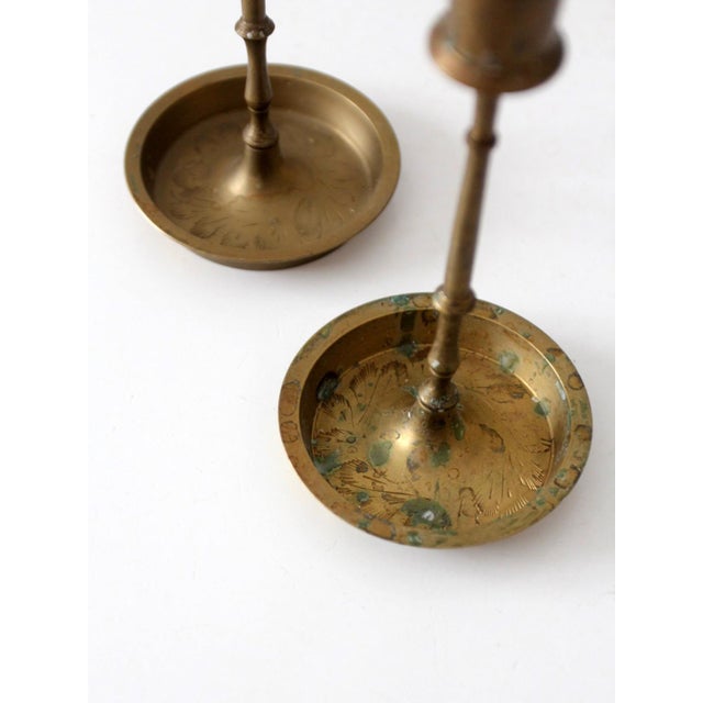 Mid-Century Engraved Brass Candlesticks Holders For Sale - Image 6 of 8