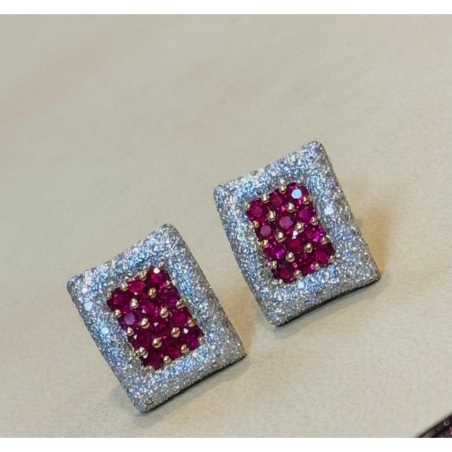 Estate 3 Ct Ruby & 3 Ct Diamonds Square Post Earrings 18 Karat Yellow Gold 13.5G For Sale - Image 4 of 18