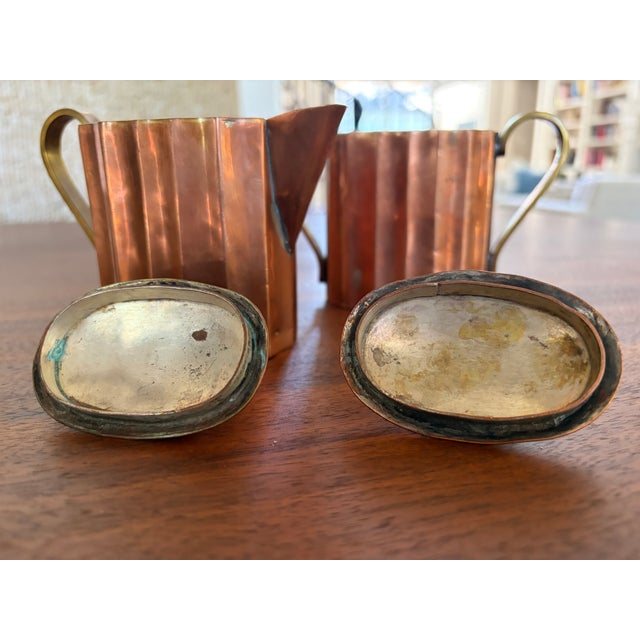 1960s Handcrafted Mid-Century Modern Copper Coffee Service Artisan Studio Brass & Wood Sculptural Design - Set of 3 For Sale - Image 13 of 18