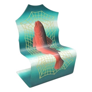 Alan Siegel 1985 Vintage Bent Wood Hand Painted Fish & Net Chair Artist Signed For Sale