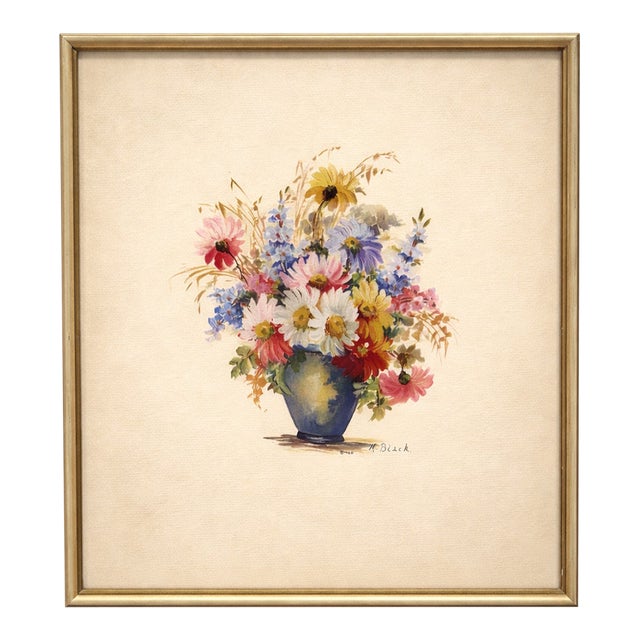 Mary Black Mid-Century Modern Spring Floral Still Life Print in Original Gold Frame – 10.5” Square For Sale