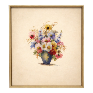 Mid-Century Modern Spring Floral Still Life Print in Original Gold Frame – 10.5” Square