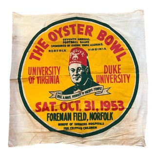 1953 "The Oyster Bowl" Linen Banner Virginia vs. Duke Shriners Benefit For Sale