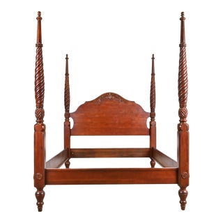 Ethan Allen Georgian Carved Cherry Wood Queen Size Poster Bed For Sale