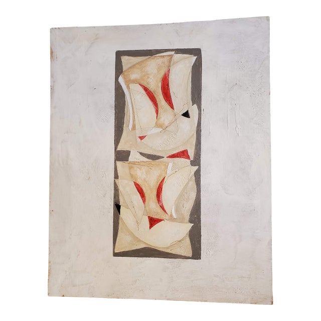 "Laughter" Small Abstract Red Grey & Tan Mixed-Media Painting on Canvas For Sale