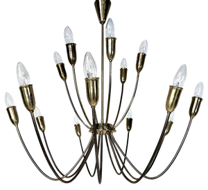 Large Mid-Century Patinated 15-Arm Brass Chandelier, Germany, 1950s