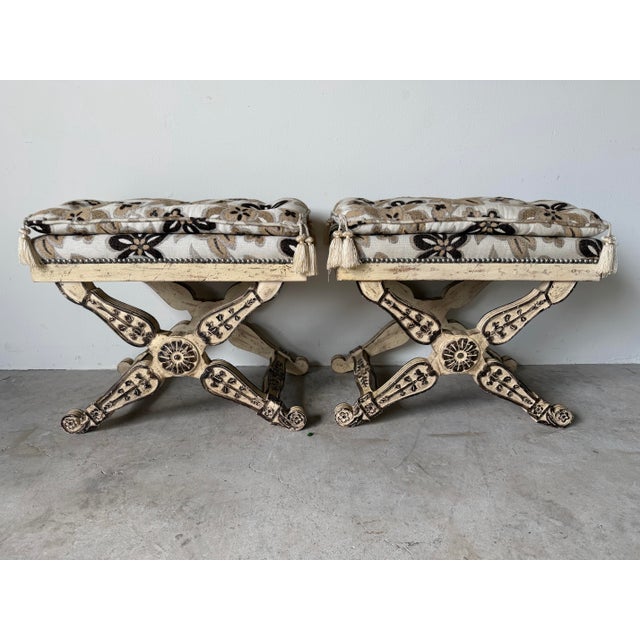 Hollywood Regency Vintage Maison Jansen Neoclassical-Style Carved Wood Ottomans – Pair For Sale - Image 3 of 11