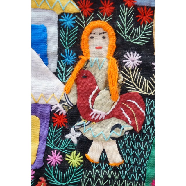 Colombian Arpillera Folk Art Village Farm Animal Scene Textile Tapestry 28" For Sale - Image 10 of 15