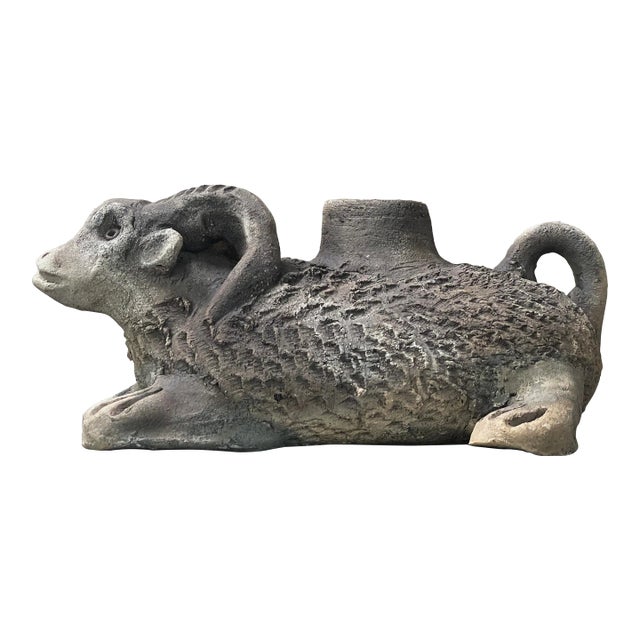 Vintage Mexican Outsider Wood Fired Ceramic Ram Sculptural Vessel For Sale