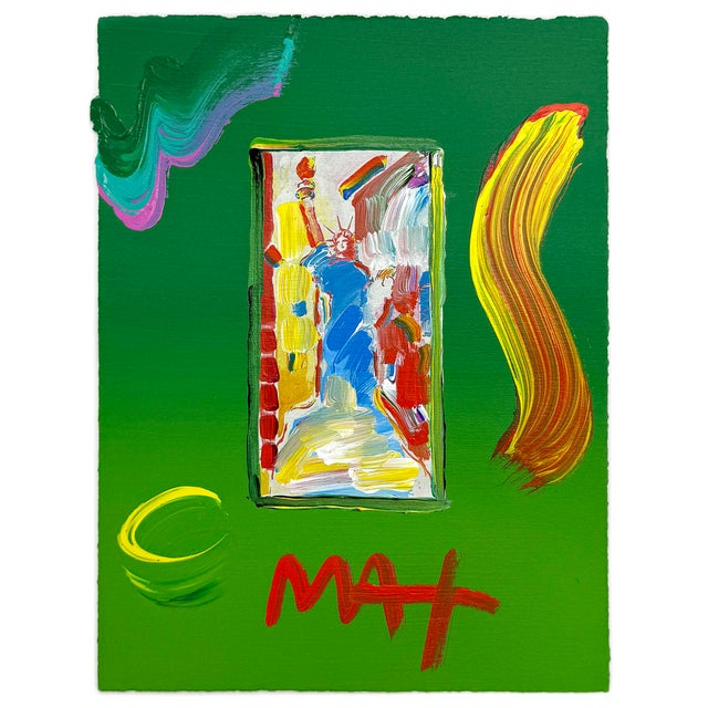 Mixed media with acrylic painting and color lithography on paper. Hand-signed in acrylic paint on front by Peter Max. A...