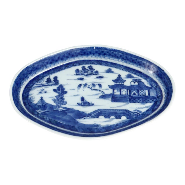 Antique Chinese Export Small Blue & White Canton Porcelain Underplate For Sale