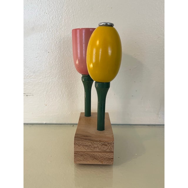 1960s Rare Danish Mid Century Handmade Carved Tulip Flower Salt & Pepper Set on Burlwood Stand For Sale - Image 5 of 11
