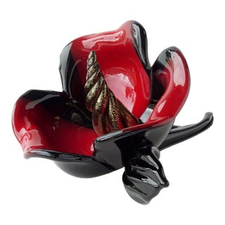 Murano Seguso Signed Vintage Black Red Gold Leaf Italian Art Glass Decorative Flower Sculpture For Sale