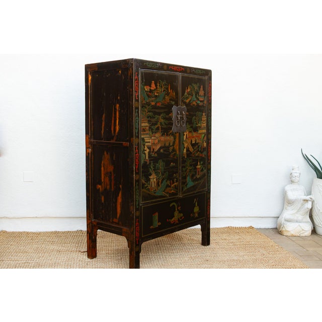 Wood Antique Chinese Black Lacquer Armoire W/Painted Landscape For Sale - Image 7 of 12
