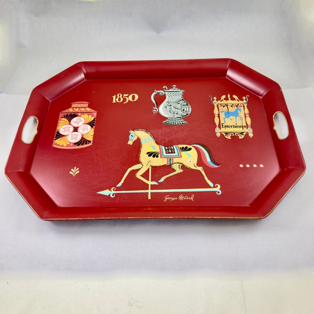 Mid-Century Modern Georges Briard Tole De Lys Large Red Serving Tray, Enameled Metal, Mid-Century For Sale - Image 3 of 12