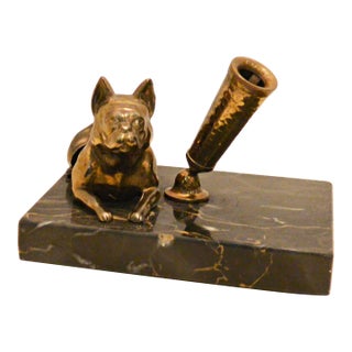 Vintage Solid Brass French Bulldog Pen Stand on Italian Portoro Gold Marble Base For Sale