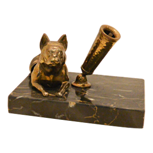 Vintage Solid Brass French Bulldog Pen Stand on Italian Portoro Gold Marble Base