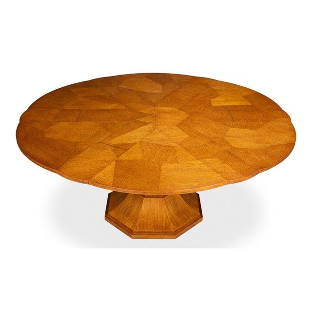 Modern Transitional Round Dining Table, Medium - Light Brown Oak With Faceted Pedestal Base For Sale - Image 3 of 11