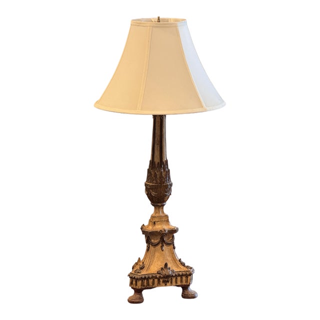 19th Century Carved Wood Altar Stick Form Table Lamp For Sale