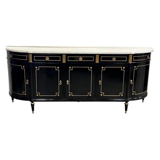 Louis XVI Style Ebonized Enfilade Buffet With Carrara Marble Top Bronze Mounts For Sale - Image 10 of 12