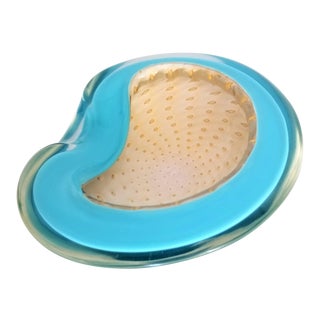 Murano Glass Bowl by Alfredo Barbini - Blue Gold and White - Vintage 1950s - Mid Century Modern Palm Beach Boho Chic For Sale