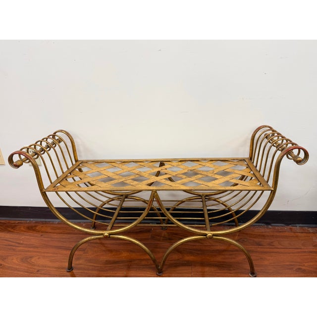 Vintage Gold Gilt Metal Bench With Scrollwork Arms For Sale - Image 4 of 7