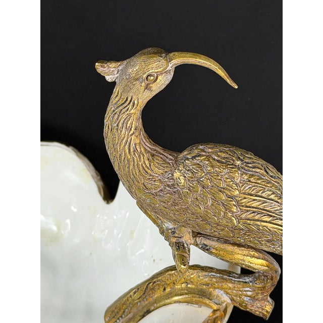 Large Hollywood Regency Peacock Centerpiece Bowl in Gilt Metal and Porcelain, 1930s For Sale - Image 11 of 17