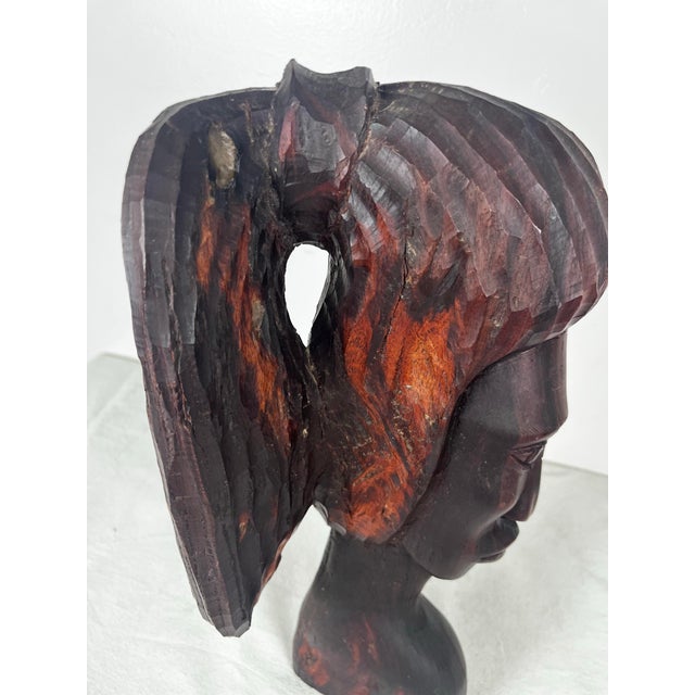 Wood Vintage Carved Wood Woman With Ponytail Bust Sculpture For Sale - Image 7 of 9