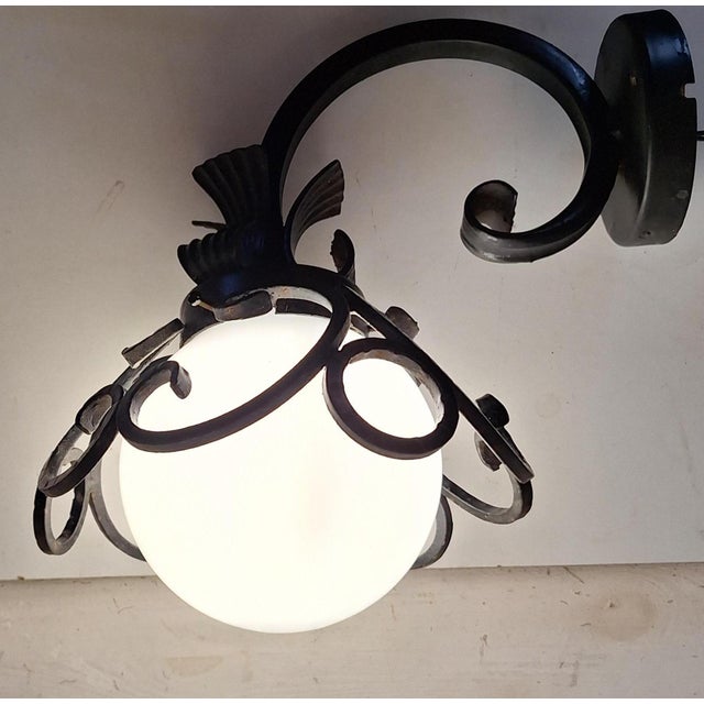 Metal Vintage Wall Lamp with Black Iron Frame and Opaque White Glass Shade, 1980s For Sale - Image 7 of 7