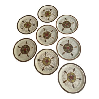 1970s Shino Stone “Marguerita” Dinner Plates 10.25” Japan Mid Century Modern Dinnerware - Set of 8 For Sale