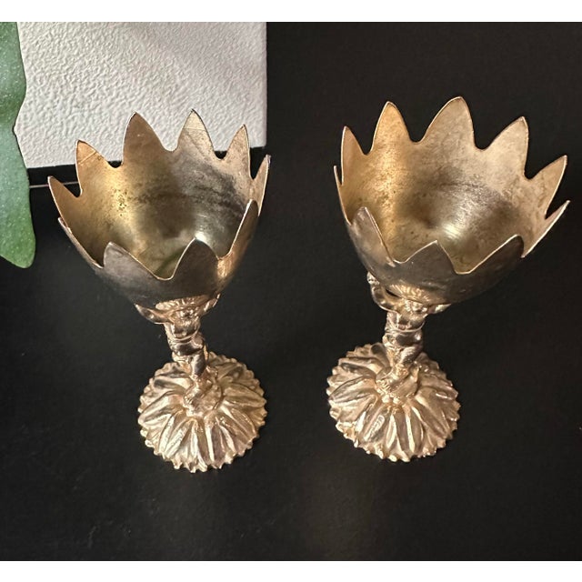 Vintage Renaissance Style Cherub/ Putti Gold Plated Metal Candle Holders, Eggs Cups - A Pair For Sale - Image 10 of 12