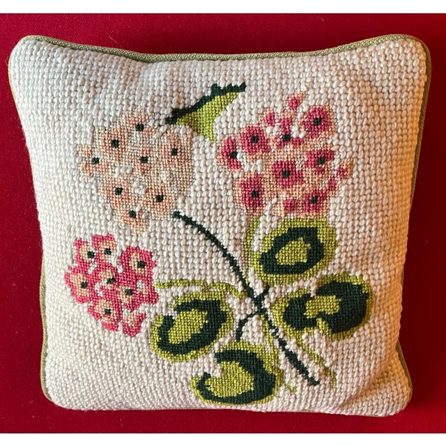 Mid-Century Modern Botanical Needlepoint Flower Pillow of Pink Geraniums For Sale - Image 3 of 8
