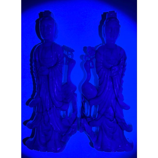 Pair 10" Antique Chinese Qing Natural Jadeite Jade Kuan Yin With Cranes & Stands For Sale - Image 10 of 12