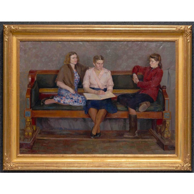 Wood "Three Girlfriends" Original Oil Painting by Evgeni Krylov Circa 1950 For Sale - Image 7 of 7