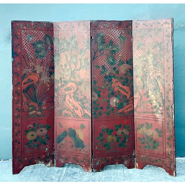 Vintage Asian Chinoiserie Four Panel Screen For Sale - Image 9 of 12